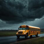 Bus auf einer Straße in einer düsteren und stürmischen Umgebung